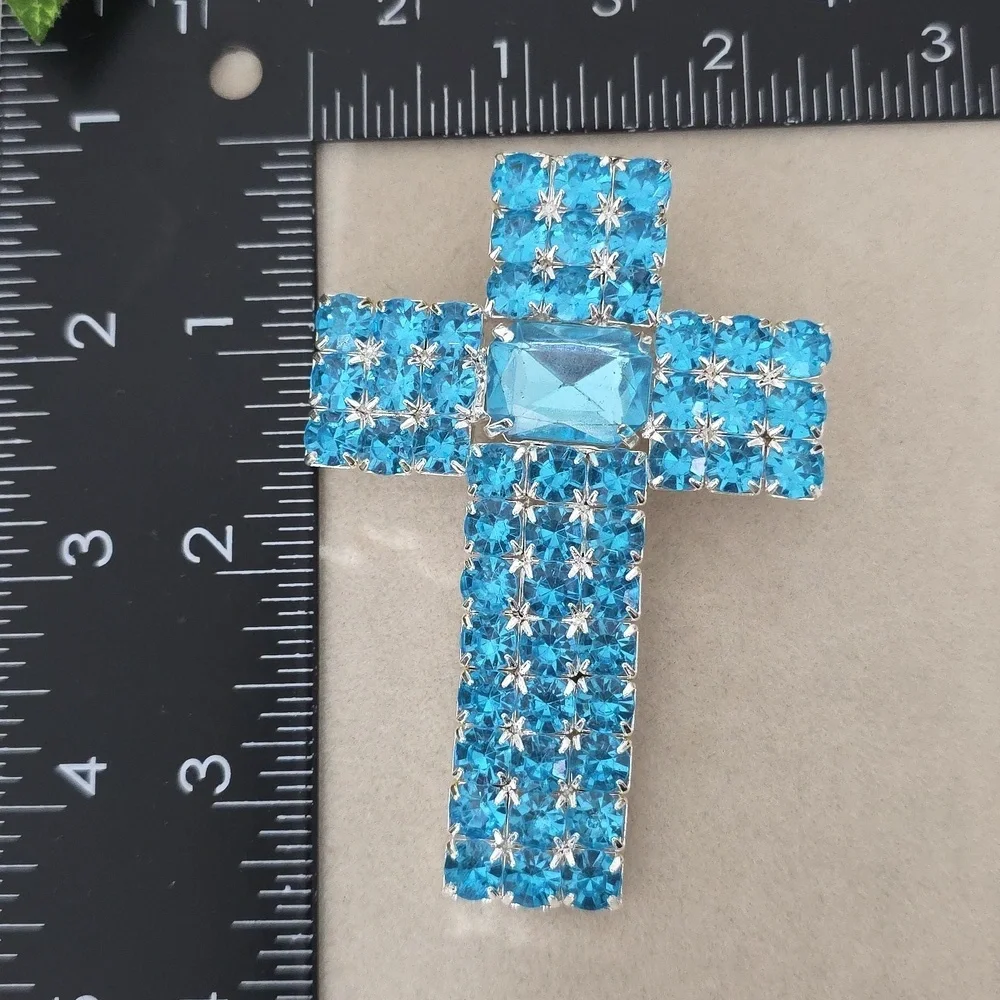 Statement Silver and Acrylic Blue Topaz Cross Brooch Pendant
